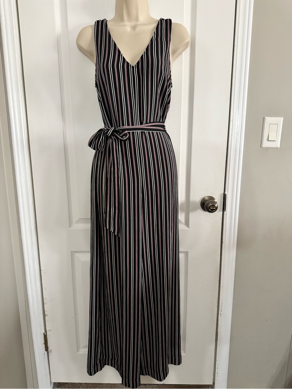Striped V-Neck Sleeveless Maxi Jumpsuit with Waist Tie - Black/Pink